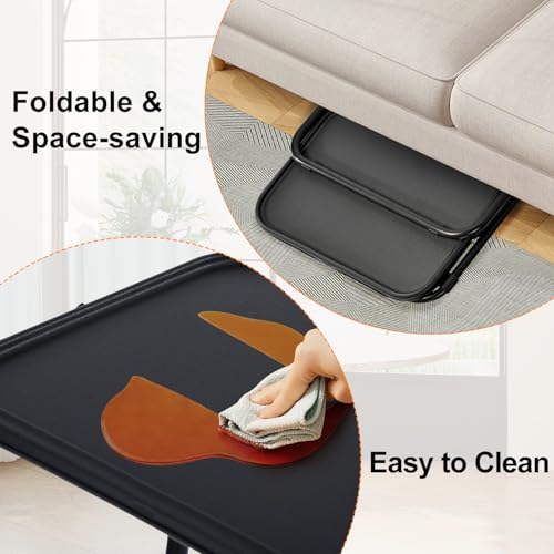 FurnitureR Adjustable Folding TV Tray Tables, Foldable Laptop Table Dinner Trays Snack Table with Cup Holder for Bed & Sofa, 4 Height & 3 Tilt Angle, No Assembly Required, Set of 2, Black