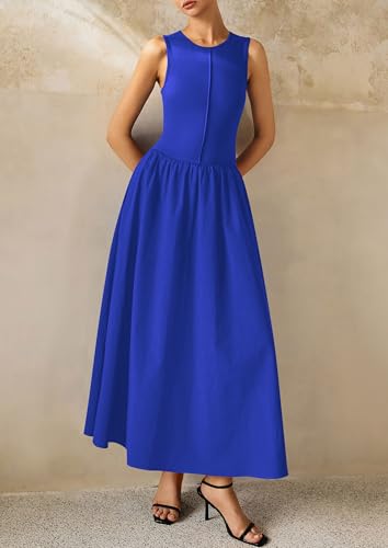 Image of PRETTYGARDEN Maxi Dresses for Women 2026 Summer Casual Sleeveless Patchwork Flowy Vacation Sundress Knit Long Work Tank Dress
