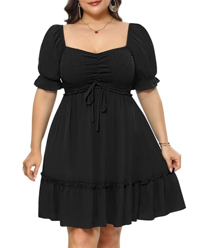 Image of Pinup Fashion Women Plus Size Puff Sleeve Summer Floral Smocked Short Dress | Sweetheart neckline, smocked bodice, ruched ruffle hem, cute babydoll style, for beach, vacation, casual wear