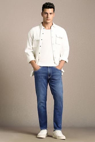 Image of Louis Philippe Men's Slim Fit Stretch Fabric for Comfort Authentic Twill and Durable Ankle Length Cropped Jeans