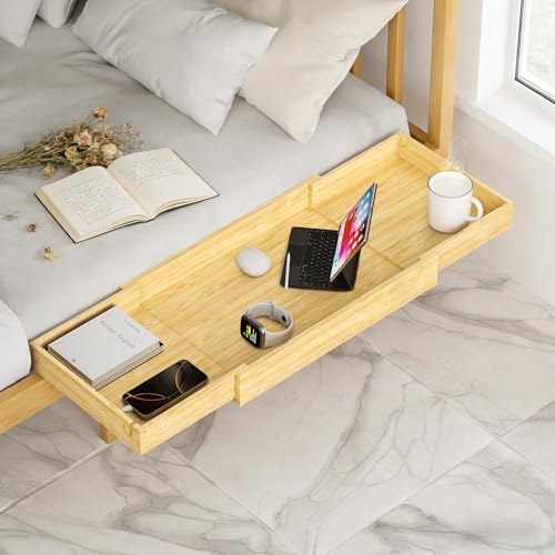 MinBoo Expandable Nightstand Shelf Bamboo College Caddy for Top Bunk Clip Bedside Shelf Floating Bed Side Table Tray Storage Dorm Room Decor College