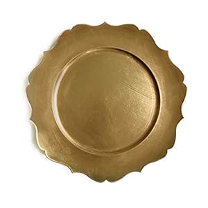 Tiger Chef 13-inch Gold Distressed Scalloped Rimmed Round Charger Plates, Melamine Plastic Dinner Chargers for Wedding Reception Table Place Settings Pack Of 96