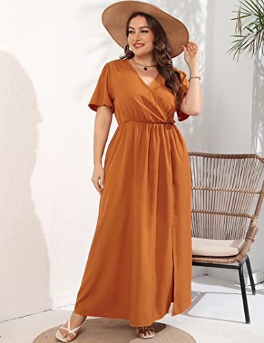 Kojooin Women Plus Size Wrap Maxi Dress Short Flutter Sleeves Empire Waist Split A Line Boho Casual Dress Caramel Solid 2Xl #TOP1