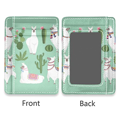 Tribal White Llama Alpaca with Ethnic Motifs, Green Cacti on Green Slim Minimalist Wallet, Front Pocket RFID Leather Blocking Card Holder Case for Men Women Girls Ladies, Stylish Printing Gift2