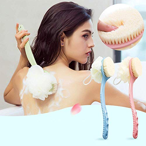 2 Pack Shower Body Brushes with Bristles and Loofah, Back Scrubbers Bath Mesh Sponge with Curved Long Handle for Exfoliating Skin, Massage Bristles Suitable for Wet or Dry, Men and Women (Blue & Pink) - 7