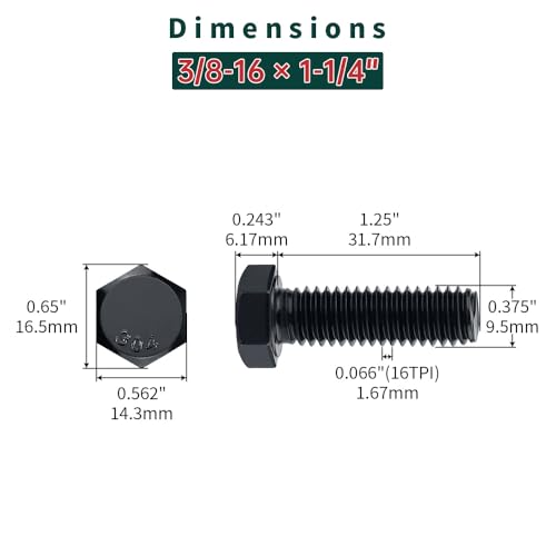 Image of 3 /8-16 x 1-1 /4 inch Hex Bolts with Nuts and Washers (10 Sets), 18-8 (304) Stainless Steel, External Hex Drive, Black Oxide Coated Hexagon Head Bolts Screws, Fayeploo