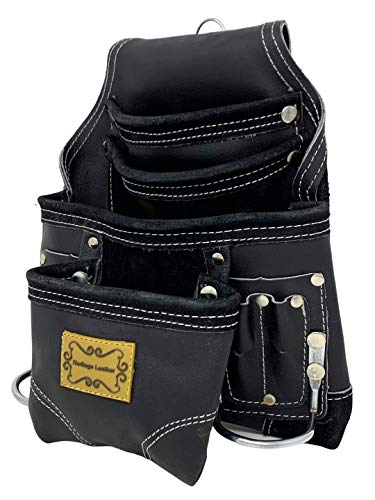 Western Heritage | Heavy Duty Leather Tool Pouch Bag, Black Color | Professional Grade | Carpenter, Construction, Framers, Handyman Tool Bag, Reinforced Seams, 10 Pockets, 2 Hammer Holders #TOP1