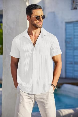 Image of Zombom Men's Casual Button Down Shirts Short Sleeve Poly Cotton Shirt Fashion Textured Beach Summer Shirts| Men Stylish Shirt | Men Fancy
