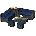 RELAX4LIFE 8-Piece Patio Furniture Set - Outdoor PE Wicker Conversation Set w/Cushions, Pillows, Tempered Glass Table, Storage Box, Sectional Sofa Set for Yard, Deck (Navy Blue)