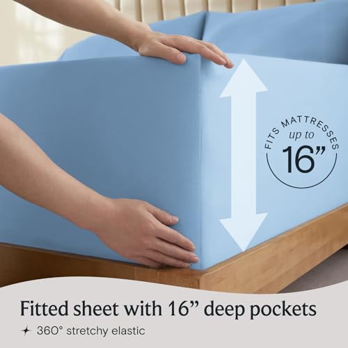 Image of LuxClub 4 PC Queen Sheet Set, Breathable Luxury Bed Sheets, Deep Pockets 18 inch Wrinkle Free Cooling Sheets Machine Washable Hotel Bedding Silky Soft - Sky Queen