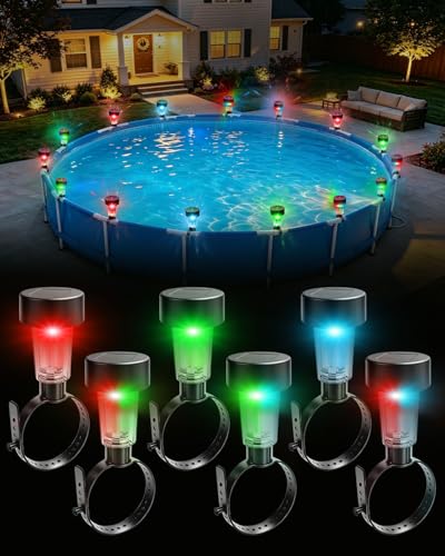 Lustaled 6 Pack Solar Pool Lights for Framed Above Ground Pools 7 Color Changing Solar Pool Lights Waterproof Swimming Pool LED Frame Lights with Adjustable Strap Yard Patio Feature Enclosure Decor