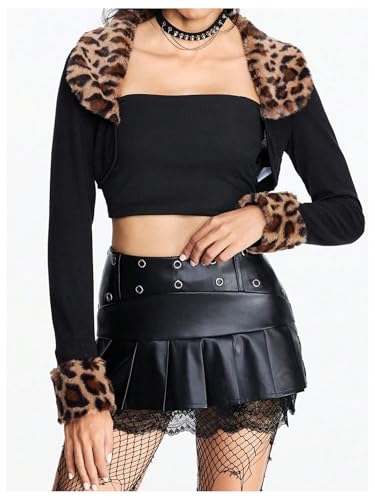 MakeMeChic Women's Cheetah Print Tops Y2K Cardigan Fuzzy Shrugs Open Front Long Sleeve Crop Tops4