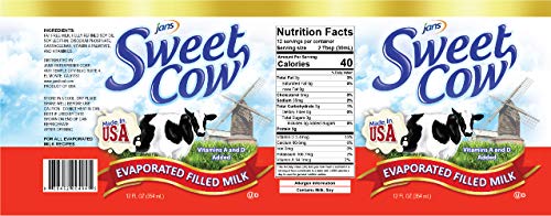Image of Jans Sweet Cow Evaporated Filled Milk, Pack of 1, 12 Oz Canned Dairy Milk | Shelf Stable Concentrated Milk for Baking, Cooking, Coffee, Tea & Desserts, Creamy Cooking Cream & Baking Ingredients