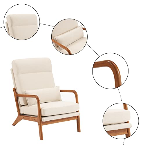 Karl home Accent Chair Mid-Century Modern Chair with Pillow High Back Line Fabric Upholstered Lounge Arm Chair with Solid Wood Frame & Soft Cushion for Living Room, Bedroom, Balcony, Beige