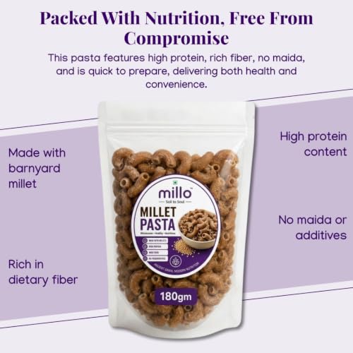 Image of Millo Millet Pasta | High Protein & High Fiber Pasta Made with Barnyard Millet | No Maida | Gluten Free | Healthy Pasta | 180g