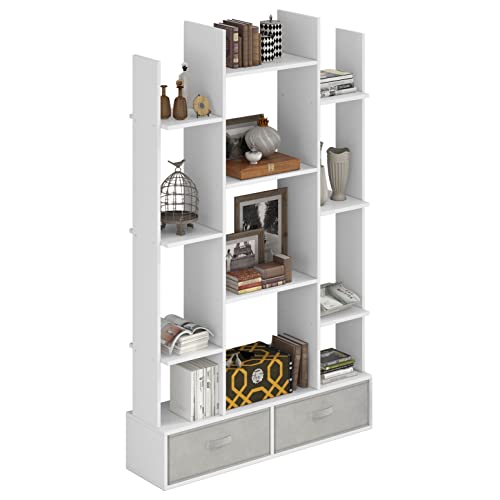 4Nm Wide Tree Bookshelf With 2 Drawers, Standing Bookcase For Cd Storage And Magazine Rack, Wooden Book Tree Organizer Shelves For Small Spaces (White) #TOP11