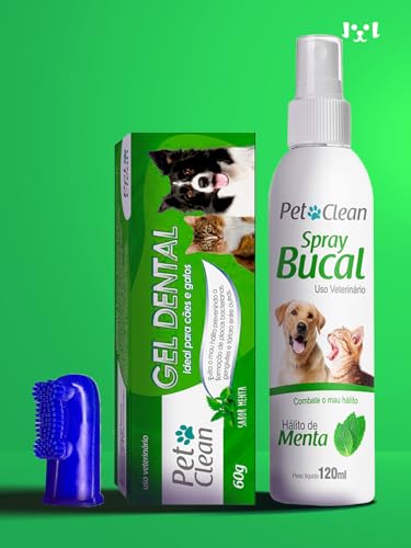 Kit Gel Dental Menta + Spray Bucal + Escova Dedeira Pet Clean