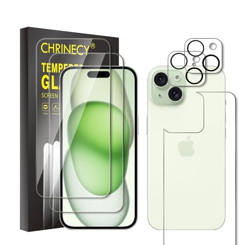 CHRINECY 2 Pack Tempered Glass for iPhone 15 Plus Screen Protector + 1 Pack Back Screen Protector + 2 Pack Camera Lens Protector, 9H Hardness, Anti-Scratch