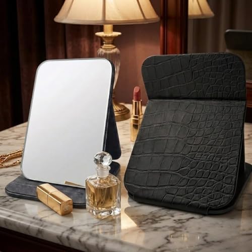 Image of Foldable Makeup Mirror with Adjustable Stand, Portable HD Vanity Mirror for Travel & Dressing Table, PU Leather Crocodile Pattern Compact Cosmetic Mirror for Women & Girls(16x11cm) (Black)