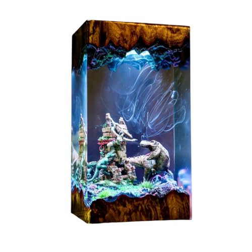 Handmade Dinosaur Resin Lamp, LED Epoxy Art Night Light, Acrylic Wood Landscape Lamp, Unique Prehistoric Decor for Bedroom, Desk & Gifts (L (16x9) cm)