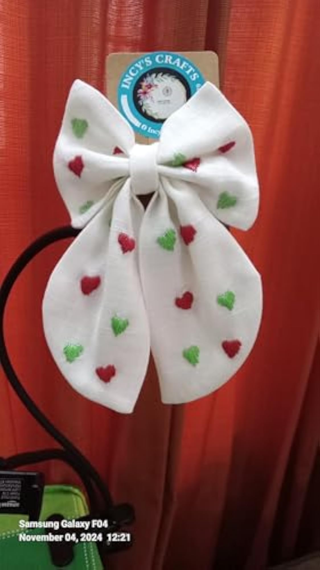 Hand Embroidered Bow Hair Clip with Red and Green Hearts