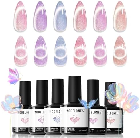modelones Cat Eye Gel Nail Polish Set Glitter 6Colors Pastel Rainbow