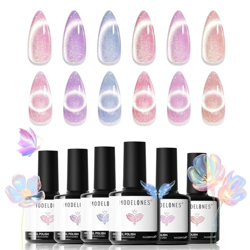 Image of modelones Holographic Glitter Cat Eye Gel Nail Polish Kit 6 Colors with Magnet Romantic Rainbow Galaxy Series Pastel Gel Polish Soak Off Led Gel Nail Polish Set Nail Art Gel Manicure Salon DIY Gifts