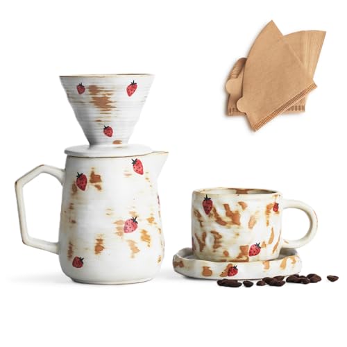 Roperu Handcrafted Pour Over Coffee Maker Set with Coffee Cup with Strawberry Pattern 20 Count Paper Filter V60 Drip Coffee Maker 20 oz Coffee Dripper (Strawberry)