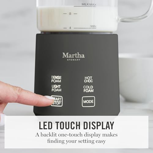 Image of Martha Stewart Milk Frother and Steamer, 10oz /300ml Glass Cup, 4 Presets (Cold Foam, Light, Dense & Hot Chocolate), Ready in 90 Seconds, Cordless Pouring, One-Touch for Hot and Cold Milk, Caviar Gray