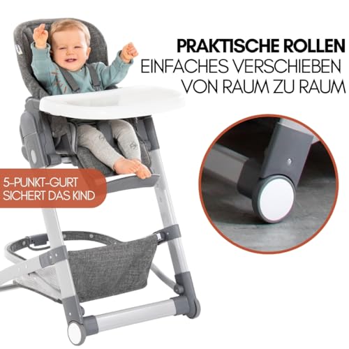 hauck Baby Hochstuhl Grow Up mit Liegefunktion ab Geburt - Babystuhl mit Tisch, Rollen, klappbar, mitwachsend und höhenverstellbar - Grau Melange