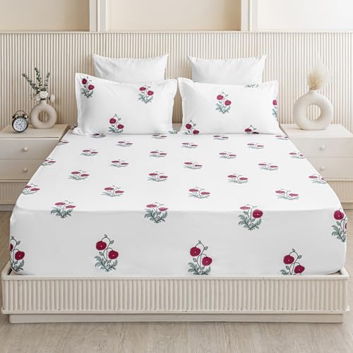 HOMEMONDE 100% Cotton Fitted Bed Sheet for King Size Bed, Floral Printed All Around Elastic Bedsheet (78 x 72 Inches) with 2 Pillow Cover | Perfect for Home Decor & Gifting