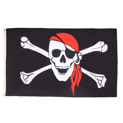 Image of AZ FLAG - Pirate Red Bandana Flag - Large 5x8 Ft - 100D Polyester Jolly Roger Big Banner with Two Metal Grommets - Fade Resistant - Vivid Colors - 5' x 8' Feet - 250x150 Cm
