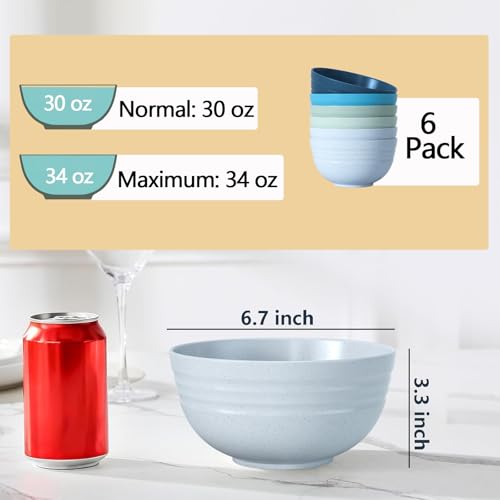 Image of Homestockplus 【Set of 6】 Unbreakable Soup Bowls, 34 Ounces Big Bowls Microwave and Dishwasher Safe BPA-Free Bowl for Cereal, Salad, Soup, Ramen,Oatmeal Apply to Kitchen, Dishwasher & Microwave Safe