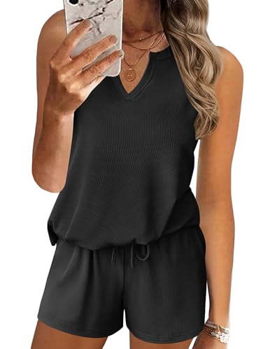 Ekouaer Ribbed 2 Piece Lounge Sets Sleeveless Pajama Tank and Shorts Set Summer Pjs Loungewear Matching Outfits for Women