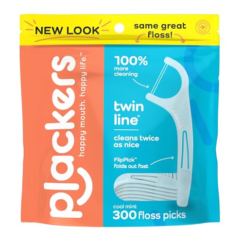 Plackers Twin Line Dental Floss Picks, Dual-Line Tuffloss, Easy Storage, Cool Mint Flavor, 300 Count