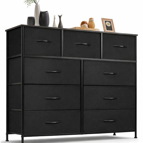 DUMOS Kommode mit Schubladen - Kommoden & Sideboards für Schlafzimmer Geeignet, Komodenschrank mit 9 Schubladen, Stoffkommode mit Stabilem Stahlrahmen, Ideal für Schlafzimmer, Wohnzimmer (Schwarz)