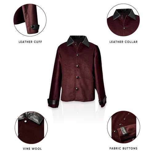 Image of Men's Red Vine Wool Jacket - Men's Plaid Coat Leather Collar Wool Blend (US, Alpha, Medium, Regular, Regular, Red Vne)