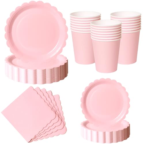 Nkaiso Platos Vasos Desechables, 50 Piezas Rosa morandí Vajilla de Fiesta, 10x 23cm & 10 x 18cm Platos de Carton, 10 Vasos, 20 Servilletas - Para Bodas, Aniversarios, Eventos Especiales -16 Invitados