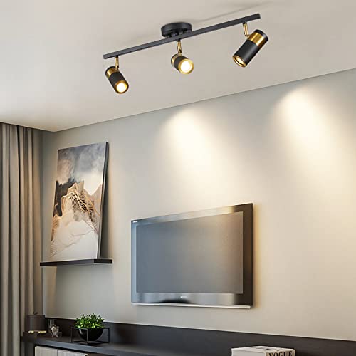 Image of 3-Light LED Track Lighting, Black and Gold GU10 Ceiling Spotlight | 350 rotatable heads direct focused light; 23.6-inch ceiling fixture for living rooms, hallways, kitchens, and studios