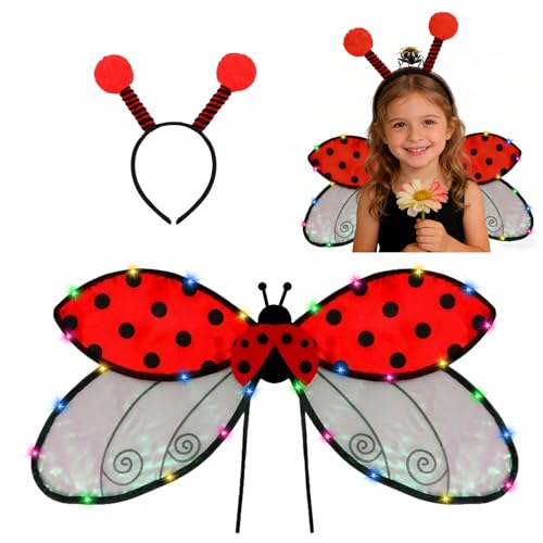 DONGZQAN Ladybug Kostüm, Lady Bug Kostüm Kinder, Marienkäfer Kostüm Enthält Ein Stirnband und Leuchtende Marienkäferflügel, Geeignet für Karnevalsveranstaltungen und Tier-Mottopartys