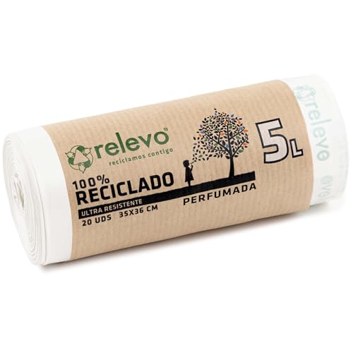 Relevo Bolsas de Basura Pequeñas Blancas con Autocierre – 5L (Ancho 35 cm x Alto 36 cm), 20 Bolsas por Rollo | Perfumadas y Extra Fuertes | 100% LDPE Reciclado | Certificado Blue Angel
