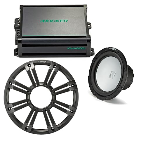 KICKER 10 Inch LED Marine Subwoofer (Charcoal) 600 Watt Amplifier Bundle