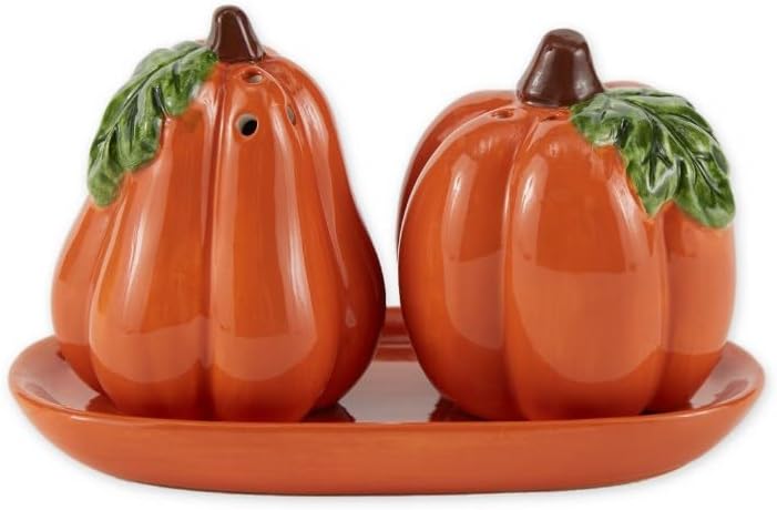 Ceramic 3 inch Orange Pumpkin Salt and Pepper Shakers set of 2 with Tray, Fall and Thanksgiving Table decorations