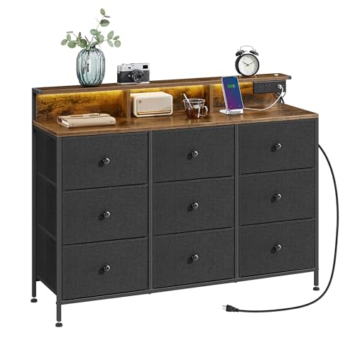 SONGMICS Dresser for Bedroom, Storage Organizer with 9 Fabric Drawers and LED Lights, Charging Station, Steel Frame, 13.2 x 44.9 x 33 Inches, Entryway, Ink Black ULTS519B01
