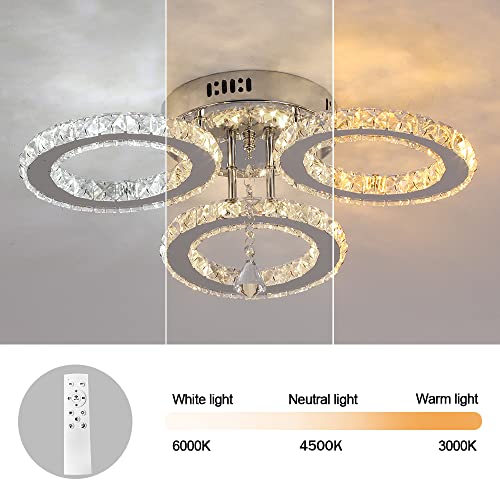 Deckrico Modern Crystal Chandelier Flush Mount Stainless Steel Pendant Ceiling Lamp 3-Rings Round Led Light Fixtures For Living Room Bedroom Restaurant Porch Dining Room (Dimmable) #TOP2