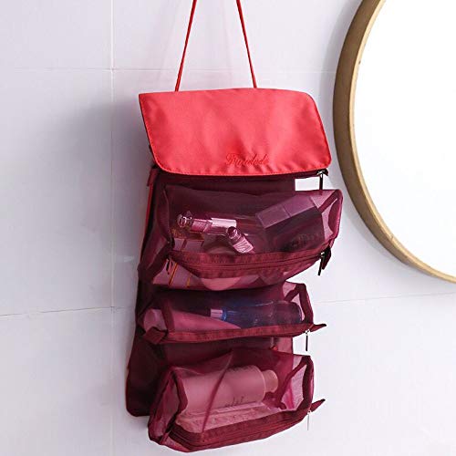 MOONKKA Roll Up Toiletry Bag Travel Cosmetic Case Organizer Portable Artist Storage Bag with Four Detachable Storage Bags for Cosmetics Makeup Brushes Toiletry Jewelry,Bordeaux red