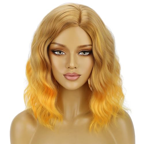 Image of BERON Yellow Ombre Short Wigs for Women Girls Yellow Curly Wavy Shoulder Length Wig Heat Resistant Synthetic Wig for Cosplay Costume Party Daily
