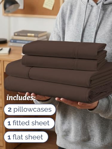 Image of Twin XL 4 Piece Sheet Set - College Dorm Room Essentials - Brown | Ultra Soft Dorm Bedding Set, 8 inch to 16 inch Inch Deep Pockets, 1 Flat & 1 Fitted Sheet & 2 Pillowcases, Wrinkle & Fade Free