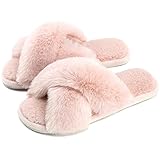 Cozyfurry Women's Fuzzy Slippers Cross Band Soft Plush Cozy House Shoes Furry Open Toe Indoor or Outdoor Slip on Warm Breathable Anti-skid Sole Pink 7-8