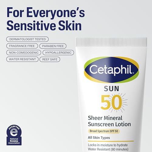 Image of CETAPHIL Sheer Mineral Sunscreen Lotion for Face & Body 3 fl oz 100% Mineral UVA /UVB Filters: Zinc Oxide & Titanium Dioxide Broad Spectrum SPF 50 For Sensitive Skin Dermatologist Recommended Brand